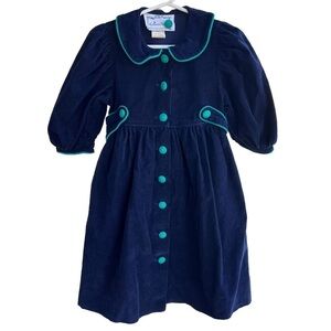 Vintage Catherine Rebecca Corduroy Dress Girls Sz 4 Navy Green Peter Pan Collar